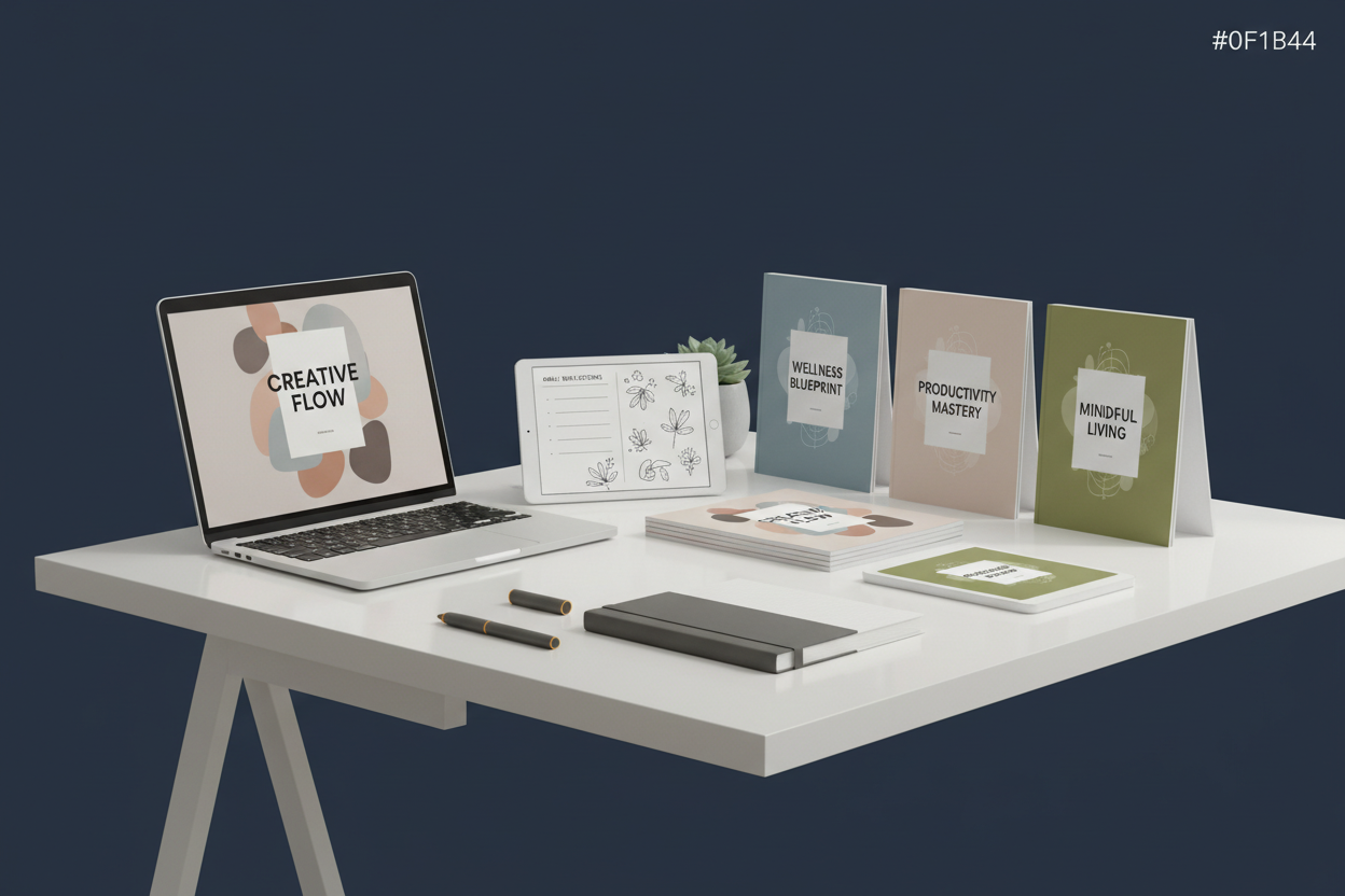 Create a clean, professional ecommerce hero banner for a “Digital Products” page. The banner should visually showcase digital content such as PDFs, magazines, printable journals, and digital guides. Display these as realistic mockups on a laptop screen, tablet, and stacked magazine/PDF covers laid out neatly on a desk.

Use a solid deep navy background color #0f1b44 as the main background. The overall style should be modern, minimal, and premium, suitable for a lifestyle and inspiration brand.

